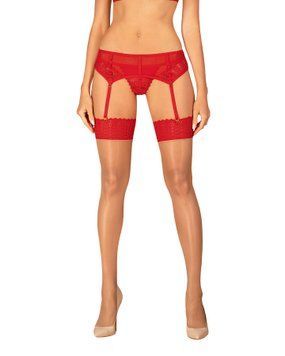 Чулки Obsessive Ingridia stockings XS/S, бежевые с красной резинкой SO9040 фото