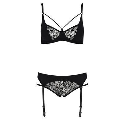 Комплект белья Passion PAULINE SET XXL/XXXL, black, стрэпы, лиф, стринги и пояс для чулок EL15806 фото