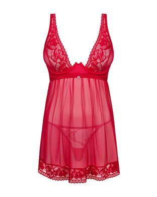 Прозрачная сорочка бэби-долл Obsessive Lacelove babydoll & thong XS/S Red, кружево, стринги SO8646 фото