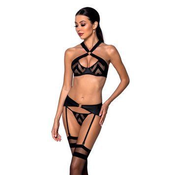 Сетчатый набор с узором, бюстгальтер, трусики, пояс для чулок Passion HIMA SET XXL/XXXL black SO5354 фото