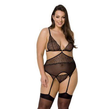 Корсет с пажами Passion AMBERLY CORSET 6XL/7XL, black, ассиметричный крой, кружева, стринги SO7052 фото