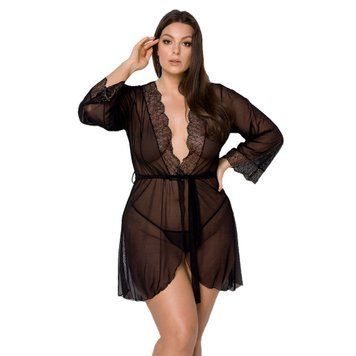 Пеньюар Passion AMBERLY PEIGNOIR 4XL/5XL, black, ажурные декольте и манжеты, широкие рукава SO7053 фото