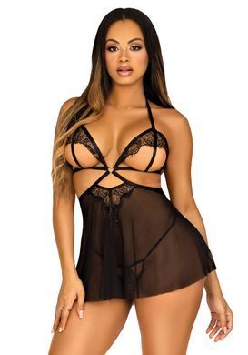 Сорочка беби-долл с открытыми чашками Leg Avenue Lace and mesh babydoll & panty Black L, стринги SO9165 фото