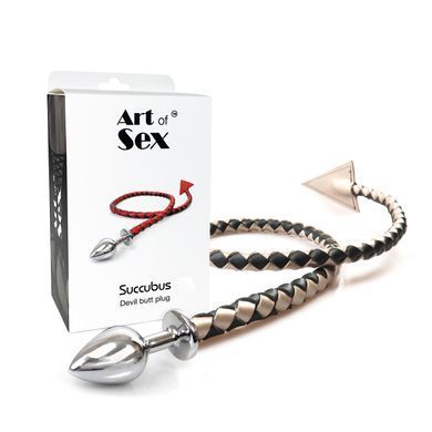 Металлическая анальная пробка S с дьявольским хвостом Art of Sex - Succubus, экокожа, черный/золото SX0675 фото