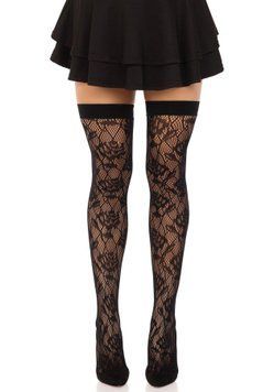 Чулки Leg Avenue Wild rose net thigh highs, One Size, черные, широкая резинка, рисунок-розы SX1042 фото