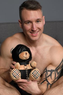 Плюшевый медвежонок HOODED Teddy Bear БДСМ в кожаном капюшоне с поводком, 23x16x12 см SO9815 фото