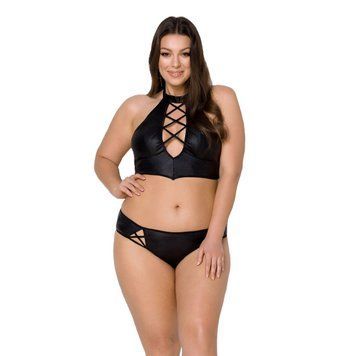 Комплект из экокожи Passion NANCY BIKINI 6XL/7XL black, бра и трусики с имитацией шнуровки SO7103 фото