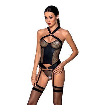 Сетчатый комплект корсет с халтером, съемные подвязки и трусики Passion AMANDA CORSET 2XL/3XL black SO5320 фото