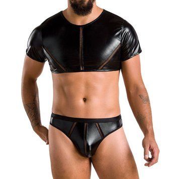 Комплект мужского белья под латекс Passion 057 SET PETER XXL/XXXL Black, кроп-топ, стринги SO7635 фото
