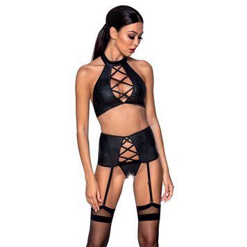 Комплект из эко-кожи имитация шнуровки Passion NANCY SET XXL/XXXL black топ трусики пояс для чулок SO5375 фото