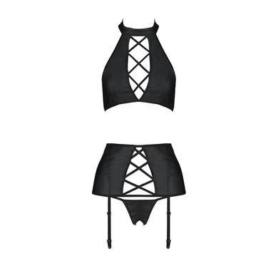 Комплект из эко-кожи имитация шнуровки Passion NANCY SET XXL/XXXL black топ трусики пояс для чулок SO5375 фото