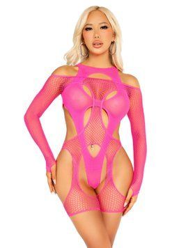 Бодистокинг Leg Avenue Fishnet Garter Harness and Teddy One Size Neon Pink SX2770 фото