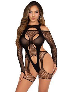 Бодистокинг Leg Avenue Fishnet Garter Harness and Teddy One Size Black SX2771 фото