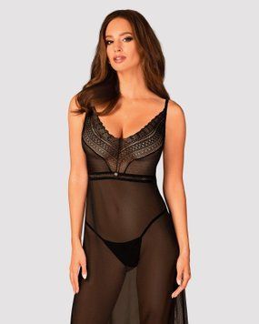 Полупрозрачная длинная сорочка Obsessive Estiqua chemise XS/S, черный, ассиметричный крой SO7262 фото