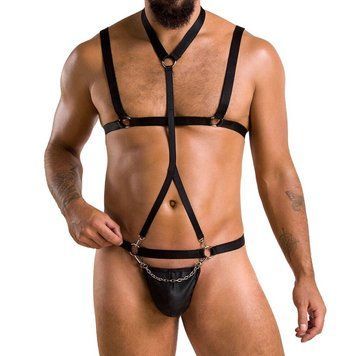 Комплект мужского белья из стреп Passion 039 SET ANDREW L/XL Black, стринги, шлейка SO7588 фото