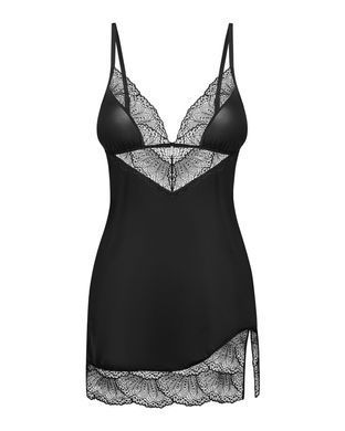 Пеньюар Obsessive Lobellis chemise & thong, XL/2XL, черный, кружевная отделка, стринги в комплекте SX1022 фото